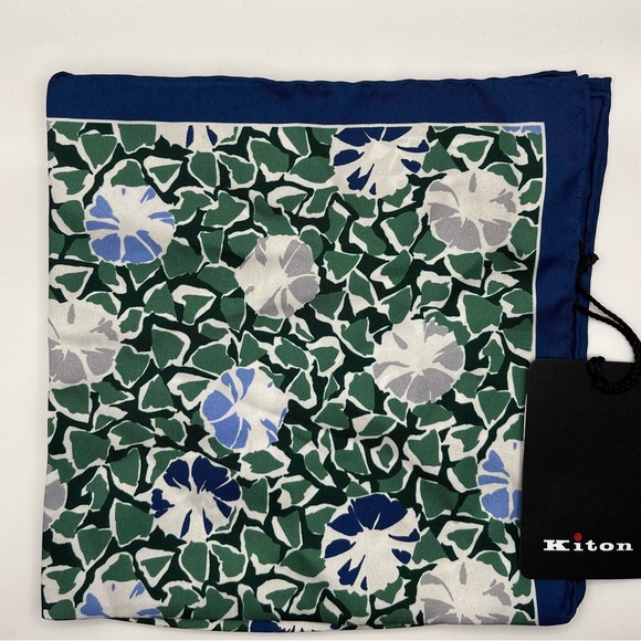 100% NWT KITON Silk Pocket Square Green - White - Blue. (15 X 15) - Picture 2 of 5